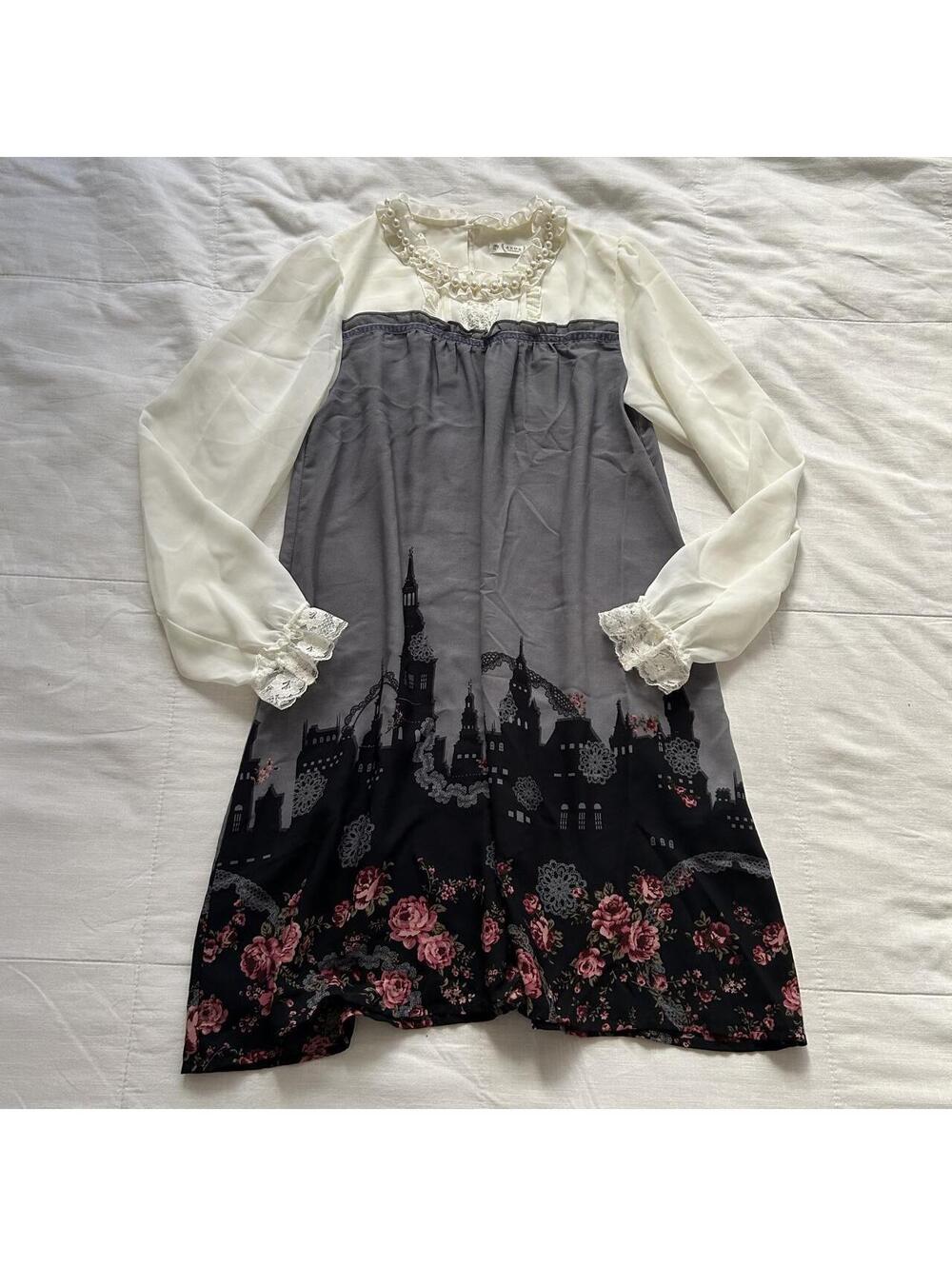 Axes Femme Gothic Castle Floral Tunic Dress Pearl Lace Medium Japan